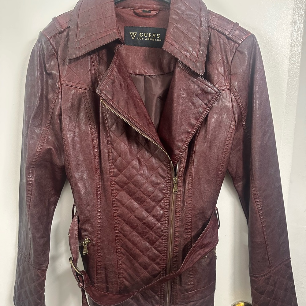Guess Red burgundy faux Leather Motorcycle Jacket with Asymmetrical Zipper